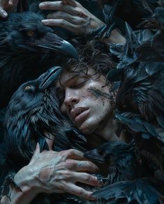 a man with crows on his head and hands around him, surrounded by black birds