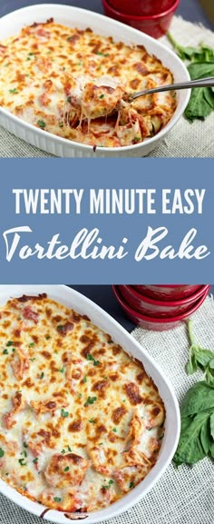 two white casserole dishes filled with tortellini and spinach on a table