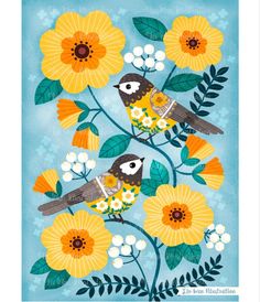 two birds are sitting on a branch with yellow and white flowers in front of blue background