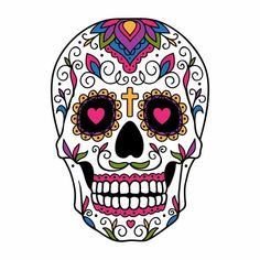 a sugar skull with red eyes and a cross on it's forehead is shown