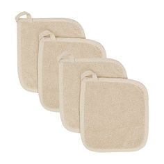 three beige pot holders with handles on each side and one in the middle, set of four