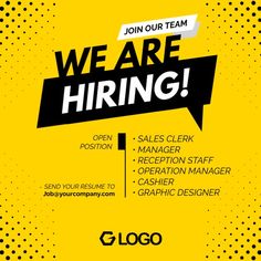 we are hiring flyer with black and yellow background