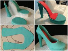 four pictures of shoes made out of fondant and cake icing, all in different colors