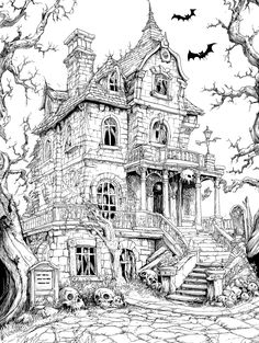 a black and white drawing of a creepy house