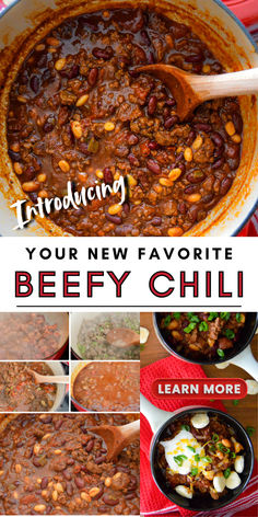 3 photos of beefy chili, top in a dutch oven, lower left is a collage of steps and lower right is the chili in bowls with handles, crackers, sour cream and green onions. Wick Fowler Chili Recipe, Recipe For Chili Homemade, Hillbilly Chili Recipe, Hamburger Chili Recipe, Beef Chili, Soup And Stew, Sweet Potato Soup