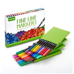 crayons fine line markers in a green box