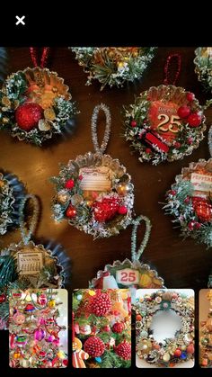 several pictures of christmas ornaments hanging on a wall