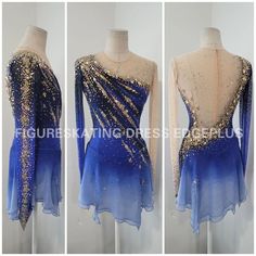 three different views of the back of a dress with gold and blue sequins