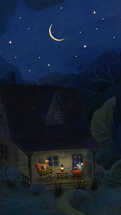 two people sitting in lawn chairs on a porch under a night sky with stars and the moon above them