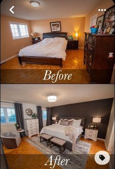 before and after pictures of a bedroom makeover with white bedding, dark wood flooring and light colored walls