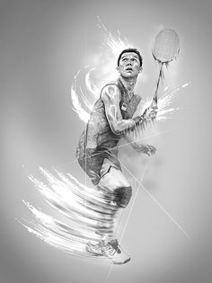 a man holding a tennis racquet while standing on top of a white and gray background