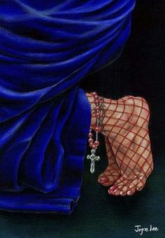 a painting of a woman's feet with a cross on it