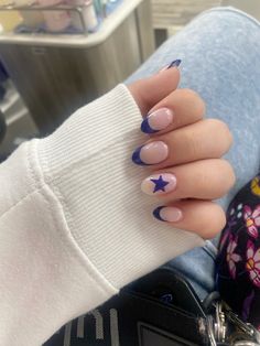 Blue french tips, stars, fourth of july nails Simple Cute Nails French Tip, Easy Nail Inspo Almond, Nails Star French Tip, Cute Winter Nail Designs Simple, Nails Acrylic Fourth Of July, Simple Nails With Stars, Nails Acrylic Cute Simple, French Tips Colored Nails, Easy Acrilyc Nails