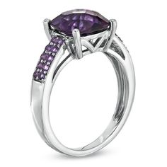 Wow the February-born birthday girl with a dazzling ring that's just her style! Fashioned in sleek sterling silver, the focus of this ring is the 9.0mm cushion-cut purple amethyst center stone that draws the eye. The band is lined with a double row of additional amethysts, adding an additional pop of color. Polished to a brilliant shine, this ring is certain to captivate and delight her. Custom made to fit her ring size. Sterling silver rings cannot be resized after purchase. Elegant Asscher Cut Purple Ring, Elegant Purple Asscher-cut Ring, Elegant Purple Asscher Cut Ring, Fine Jewelry Purple Cushion Cut Amethyst Ring, Fine Jewelry Cushion Cut Amethyst Ring, Elegant Cushion Cut Amethyst Ring, Elegant Purple Cushion Cut Amethyst Ring, Purple Cushion Cut Fine Jewelry, Cushion Cut Purple Amethyst Ring