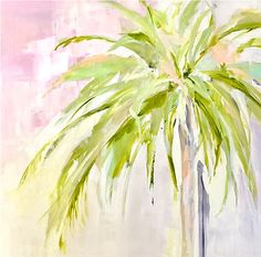 a painting of a palm tree in front of a white wall with pink and green paint