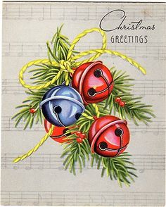 an old fashioned christmas card with bells and holly