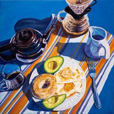 oil painting of eggs and a bagel breakfast scene on a blue background Breakfast Table Painting, Brunch Painting, Art Ideas Colorful, Colorful Art Ideas, Colorful Painting Ideas, Breakfast Still Life, Bagel Art, Breakfast Painting