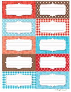 four different colored labels with polka dots on the bottom and one in red, white, blue