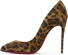 Suede heels in brown featuring leopard pattern in black and brown throughout. Pointed toe. Covered stiletto heel. Signature red leather sole. Approx. 3.5 heel.Supplier color: Leopard Brown Leopard, Leopard Pattern, Suede Heels, Stiletto Heel, Luxury Streetwear, Red Leather, Designer Fashion, Stiletto Heels, Christian Louboutin