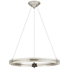 a large circular light fixture with two lights hanging from the bottom and one light on top