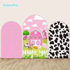 Set of three arch panels with pink farm animal designs, pink gingham, and cow print. Arch Backdrops, Arch Backdrop, Pink Gingham, Farm Animal, Cow Print, Cute Pink, Farm Animals, Photo Sessions, Kids Party