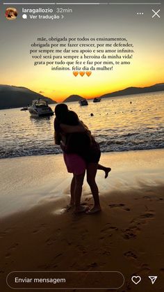 two women hugging on the beach at sunset with text in spanish and english above them