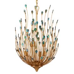 a gold chandelier with green and blue glass beads hanging from it's center