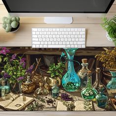 a computer desk topped with lots of different types of vases and plants next to a keyboard