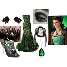 a woman in green dress and shoes with accessories