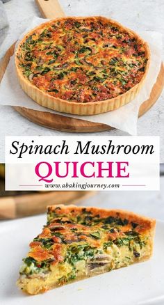 spinach mushroom quiche on a white plate with a wooden serving utensil