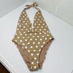 Summerland Taupe And White. Polka Dot Halter Neck Swimsuit. Small And Medium Brand New With Tags. Great For The Pool And Beach! Spring Polka Dot Swimwear, Casual Polka Dot Swimwear For Spring, Chic Polka Dot Swimwear For Spring, Orange One Piece, Purple One Piece, Pool And Beach, Maternity Swim, Halter Bathing Suit, Halter Neck Swimsuit