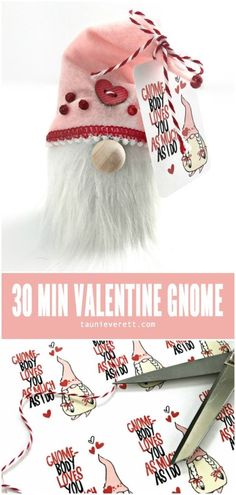 an image of valentine gnome with scissors and tags