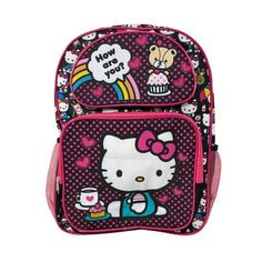 items size 16" x 12" x 3.5" age 3+ Licensed Product adjustable shoulder straps 2 sides pocket Size: large.  Color: Multicolor.  Gender: female.  Age Group: kids. Backpack Hello Kitty, Tiny Chum, Hello Kitty Backpack, Kitty Backpack, Baby Backpack, Hello Kitty Accessories, Fun Toys, Vintage Comic Books, Shoulder Backpack