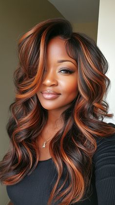 🦋💝 Effortless Highlights On Black Hair fall hair colors copper highlights Inspiration 🦋💝 Fall Hair Colors Copper, Highlights Inspiration, Highlights On Black Hair, Highlight Ideas, Fall Winter Hair Color, Copper Highlights, Sew In Hairstyles, Black Hair With Highlights, Hair Color Auburn