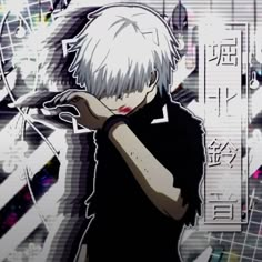 an anime character with white hair and black shirt holding his hand up to his face