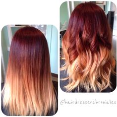 Red To Strawberry Blonde Ombre, Red Ombre Hair Medium Length, Red Hair With Peekaboo Blonde, Red Hair Blonde Tips, Red Hair With Ombre, Red Color Melt Hair, Auburn And Blonde Balayage, Brown Red Blonde Balayage, Hair Color For Pale Skin And Green Eyes