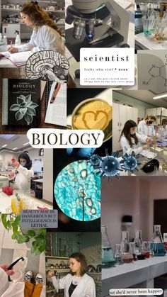 a collage of photos with people working in the lab and science related items on display