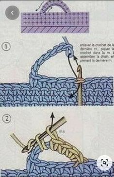 the instructions for crochet are shown in two separate pictures, one shows how to knit