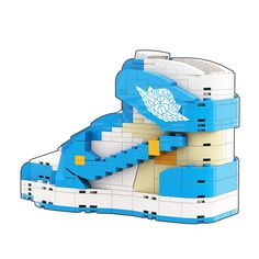 a blue and white sneaker made out of legos on top of each other