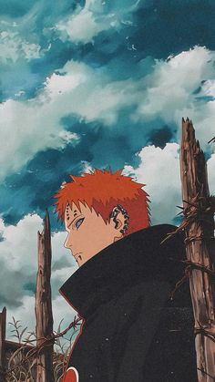 an anime character with red hair standing in front of a fence and looking at the sky