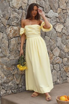 Bella Maxi Off-Shoulder Dress Yellow | Fortunate One Yellow Off Shoulder Dress, Bandeau Maxi Dress, Yellow Maxi Dress, 3rd Baby, Strapless Maxi Dress, Dress Yellow, Satin Slip, Lace Maxi, Satin Skirt