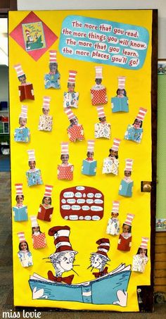 a bulletin board with dr seuss and cat in the hat on it