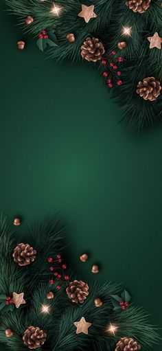 a green christmas background with pine cones and ornaments on it's sides, surrounded by gold stars