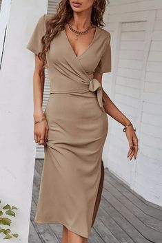 Hot Selling Fashion Solid Sexy Women's Bodycon Dress Non-stretch Solid Color V-neck Midi Dress, Fitted Solid Beige Maxi Dress, Casual Beige V-neck Bodycon Dress, Fitted V-neck Solid Color Midi Dress, Fitted V-neck Solid Midi Dress, Fitted V-neck Midi Dress In Solid Color, Stretch V-neck Midi Dress, Beige Stretch V-neck Mini Dress, Chic Solid V-neck Bodycon Dress