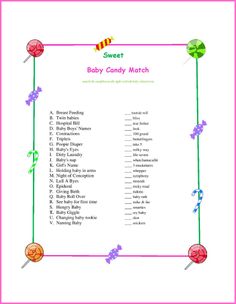 the baby candy match game is shown in pink and green with candies on it