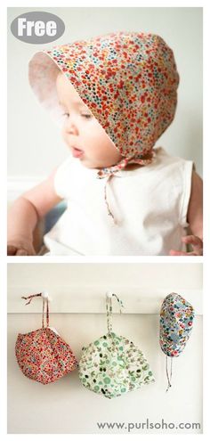 a baby is wearing a hat and hanging from a hook on the wall next to two pictures