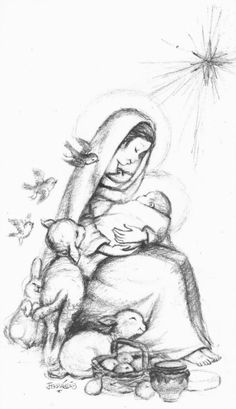 a black and white drawing of a woman holding a baby in her arms, surrounded by other items