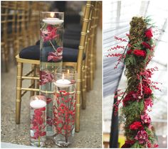 flowers and candles are arranged in glass vases