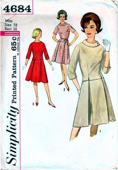 SIMPLICITY 4684: Use this early 1960s vintage sewing pattern for misses to sew a smartly styled two-piece dress of fitted top and pleated skirt. Scroll down to learn more about the size, pattern condition, and garment details. SIZE INFORMATION: Misses Size 18 Bust 38 inches Waist 30 inches Hip 40 inches PATTERN CONDITION: COMPLETE, USED (instructions and all pattern pieces (cut and in good to excellent used condition)) GARMENT INFORMATION: Skirt details: - flared with inverted pleats (front and back) - fitted waistband - side zipper closure Top details: - dart-fitted bodice (front and back) with front darts that release into vents at hemline  - jewel neckline - collarless or roll collar - short or 3/4-length fitted sleeves - back button closure COPYRIGHT: 1962 Retro Fitted Sewing Pattern For Dressmaking, Vintage Fitted Sewing Pattern, 1960 Skirt, 1960s Patterns Sewing, 1960s Miniskirt, 60s Dress Pattern, 1960s Skirt Suit, 1960’s Sewing Patterns, Skirt Details