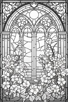 a stained glass window with flowers in it